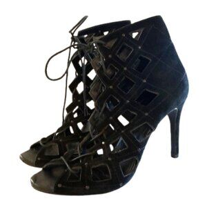 Joie Black Suede Laser Cut Out Lace Up Sandal | 4” Heel | Size 38.5